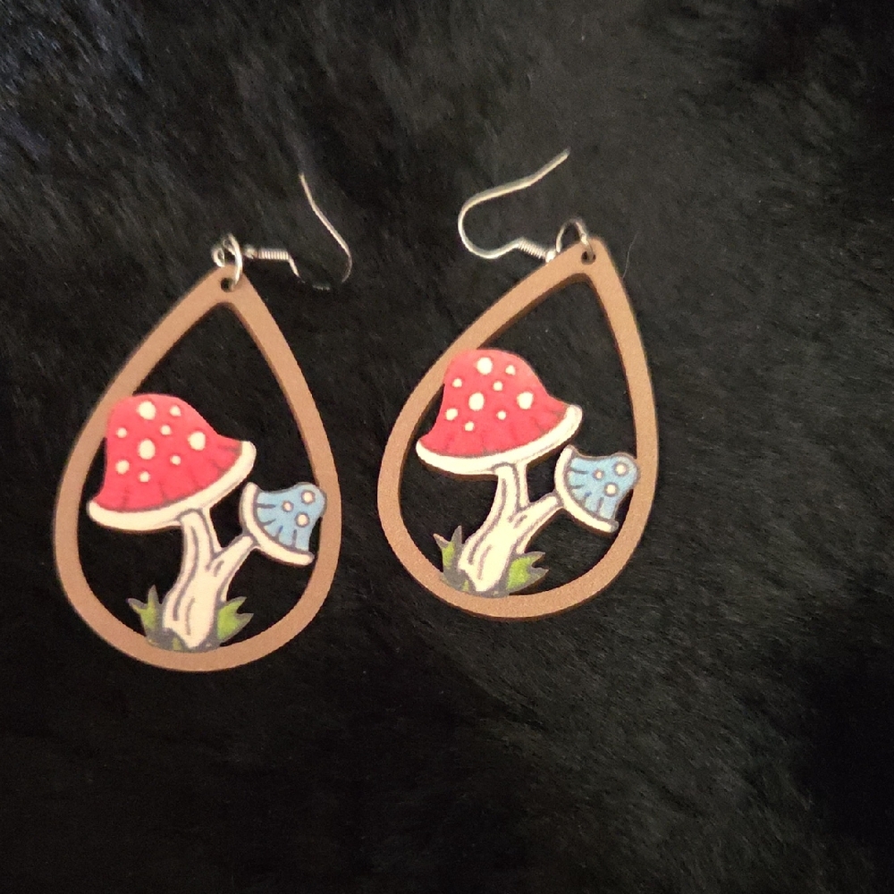 Mushroom Teardrop Wooden Earrings - Red & Blue Mushroom Design